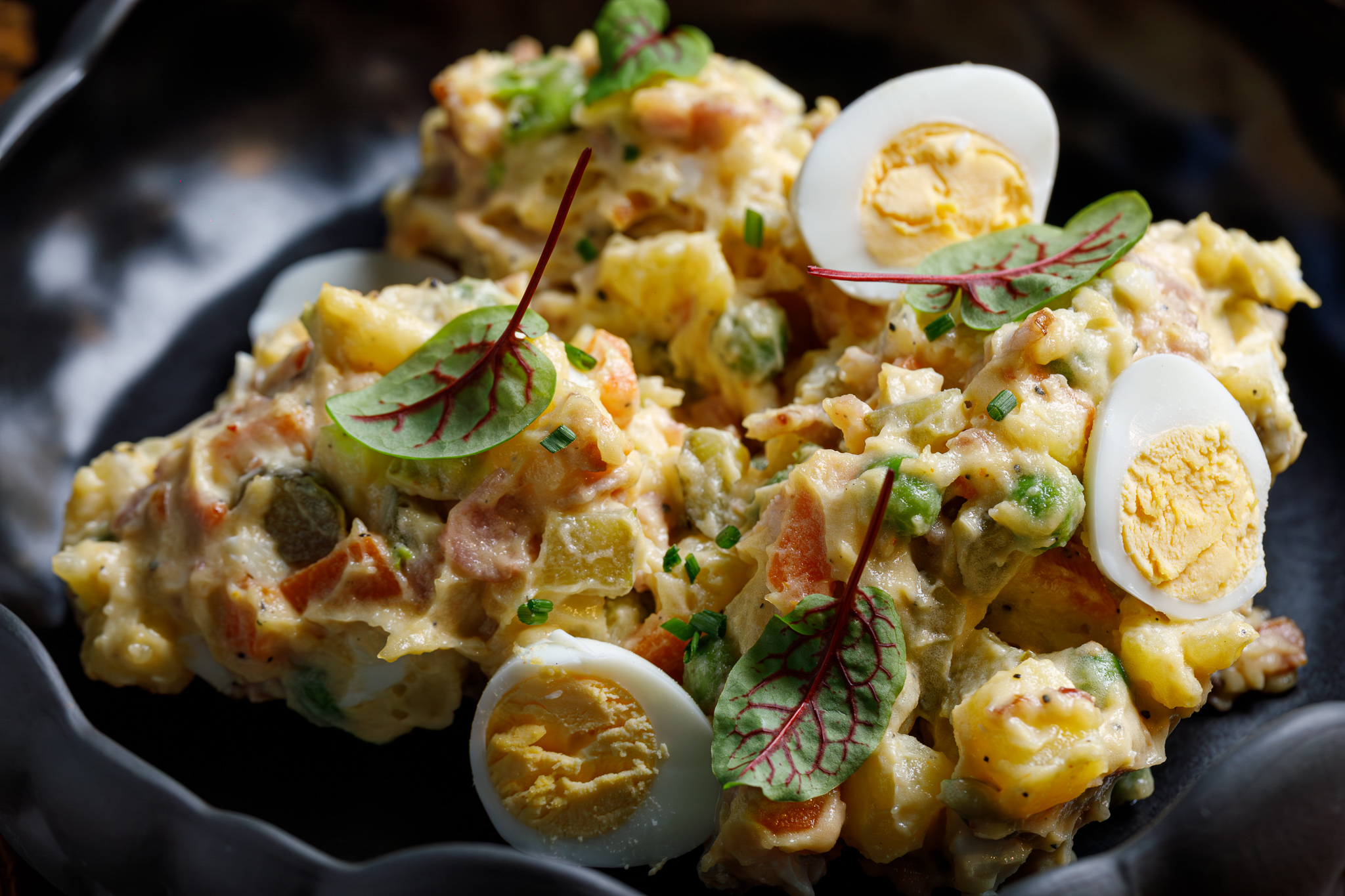 Potato and rock shrimp salad with quail egg
